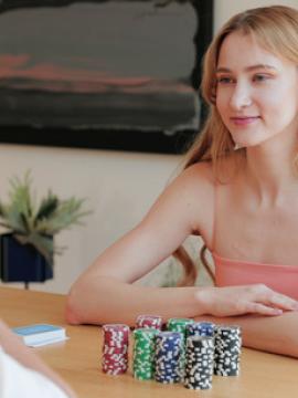 After winning at poker Ivi Rein soothes her boyfriends feelings with a lusty blowjob and a bare pussy stiffie ride — photo 1 of 16