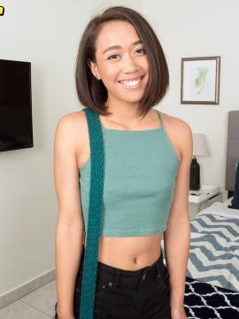 Aria, just 18 and horny as fuck, shows off her flat chest, pierced nips and juicy, meaty pussy lips. — photo 2 of 16
