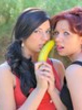 Rita and Madeline masturbating with bananas