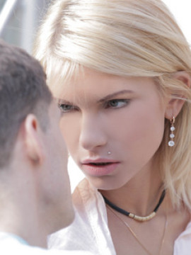 Sassy blonde Karina Grand climbs onto her mans rock hard dick and gives him a ride hell never forget in her bald pussy — photo 4 of 16