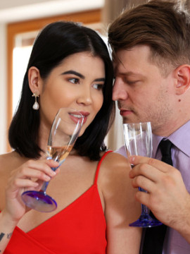 After draining her bubbly Lady D throws her boyfriend down and hikes up her skirt to ride his hardon in her tight twat — photo 4 of 16
