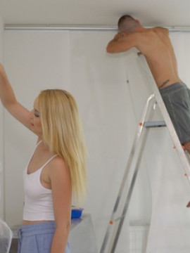 Tall blonde babe Amaris delievers a horny blowjob and titty fuck then spreads her thighs to get her bare pussy pounded — photo 1 of 16